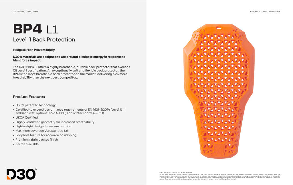 Orange back protection pad with text on a white background