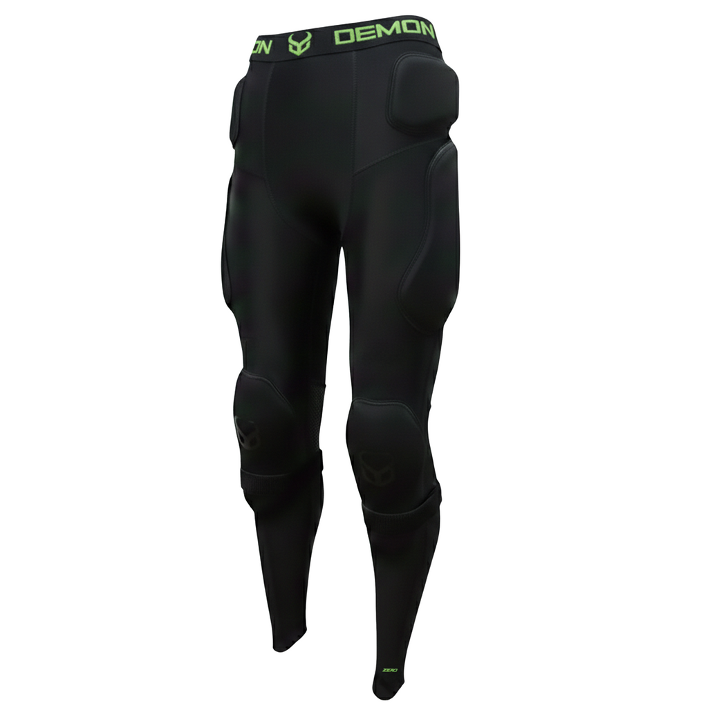 Black protective pants with knee pads on a white background
