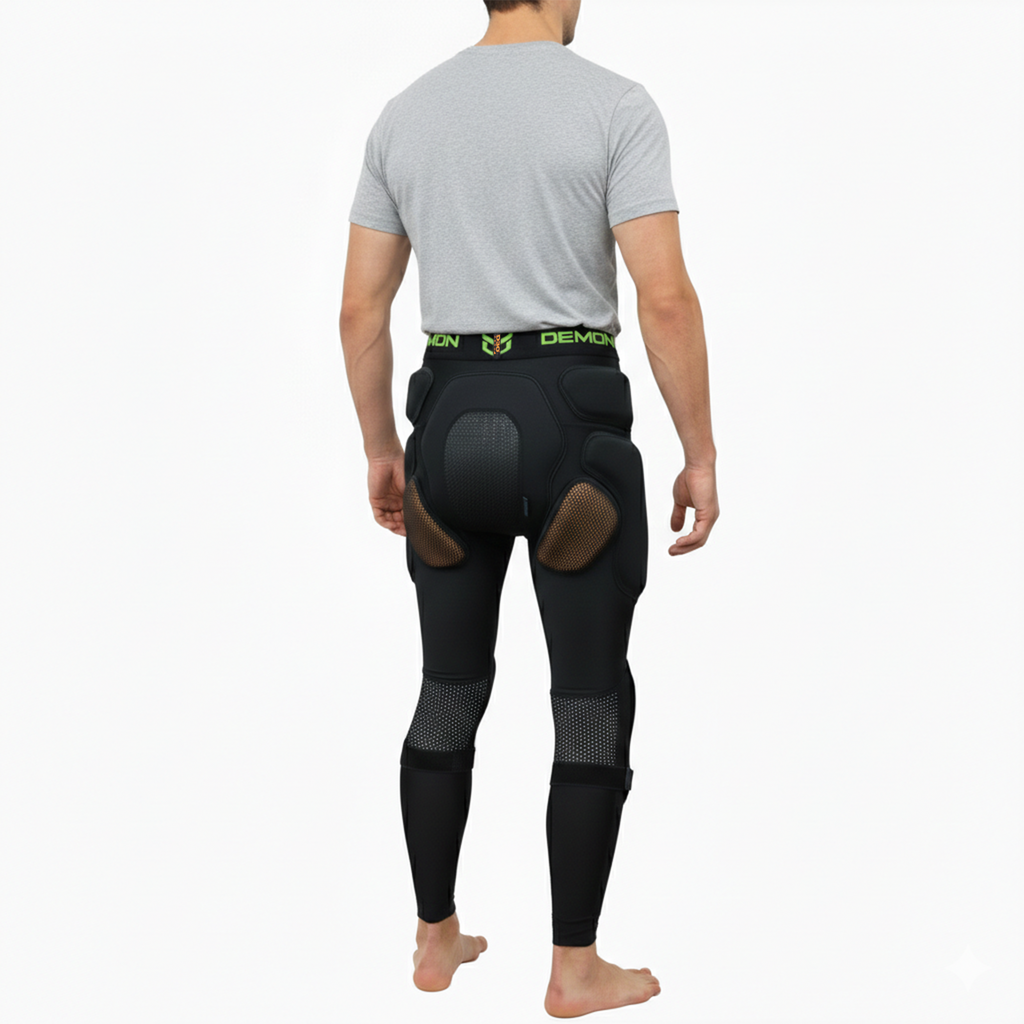 Person wearing black protective pants with knee pads on a white background