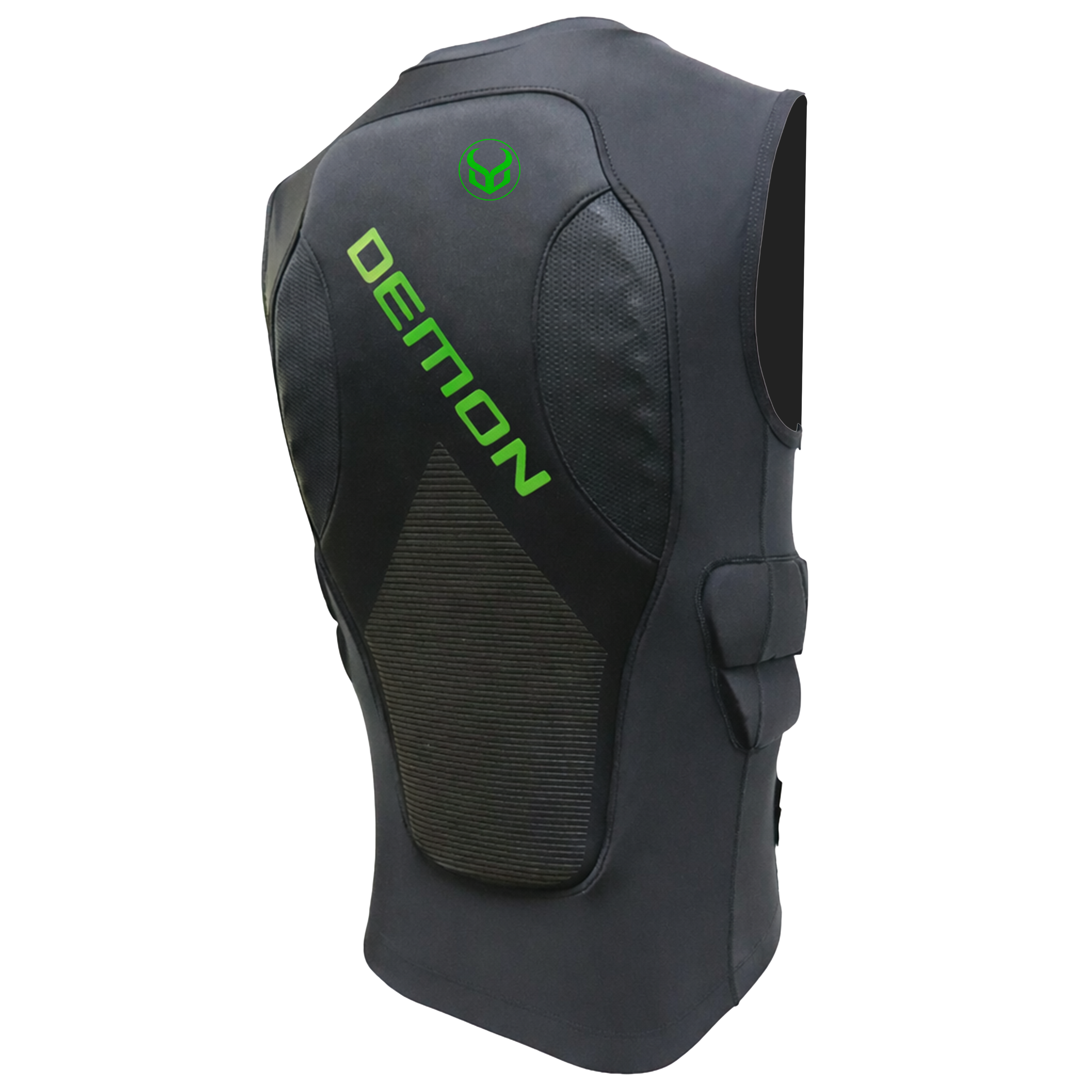 Black protective vest with green branding on a white background
