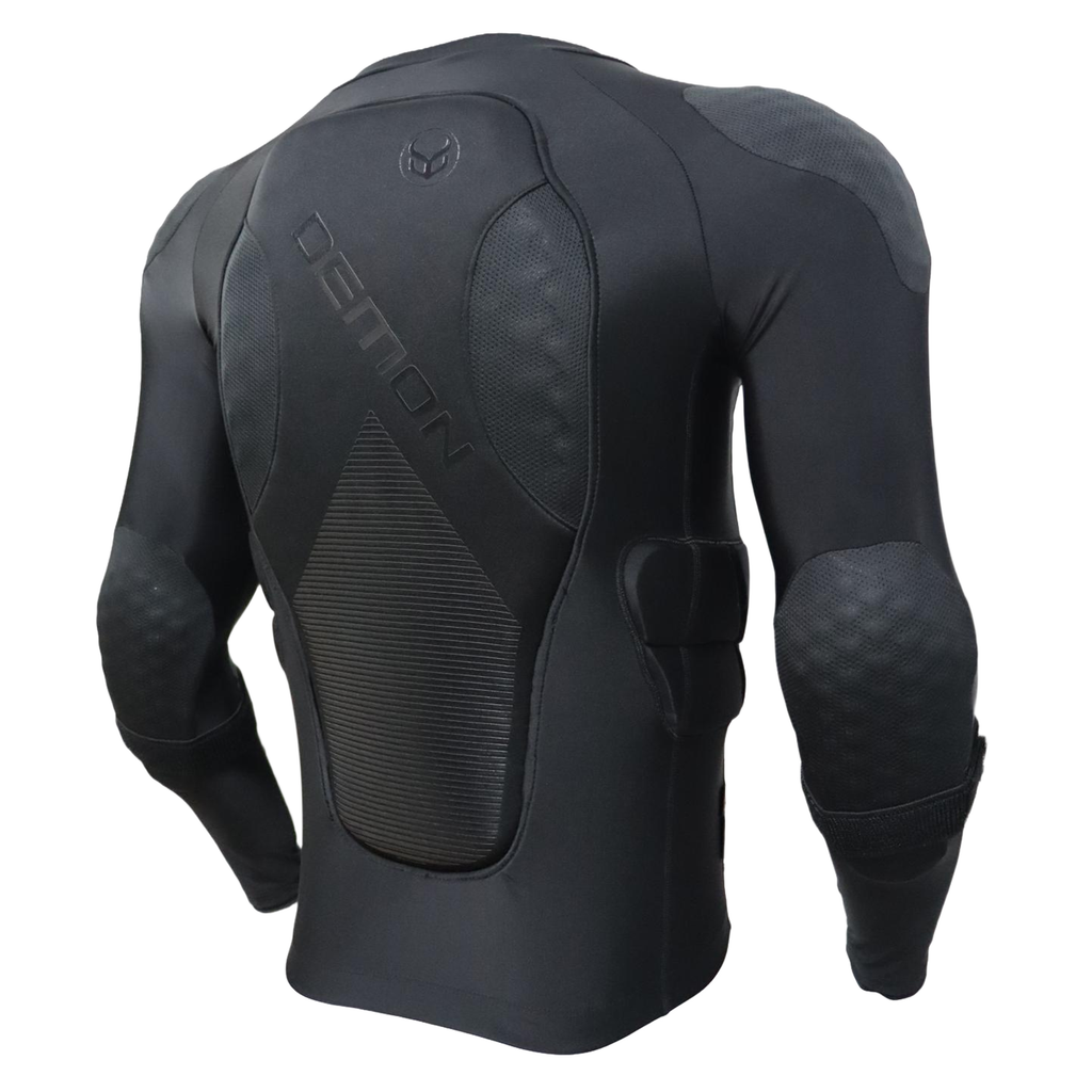 Black protective jacket with quilted design on a white background