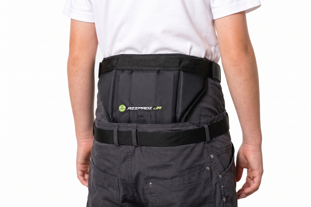 Person wearing black pants with a visible brand logo on a white background