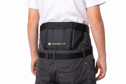 Person wearing black pants with a visible brand logo on a white background