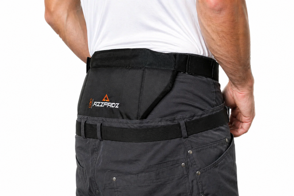 Person wearing black pants with a visible brand logo on a white background