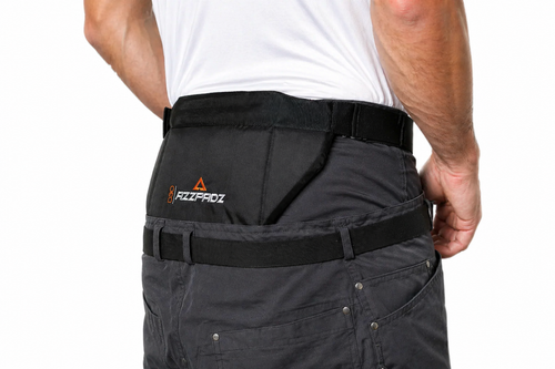 Person wearing black pants with a visible brand logo on a white background