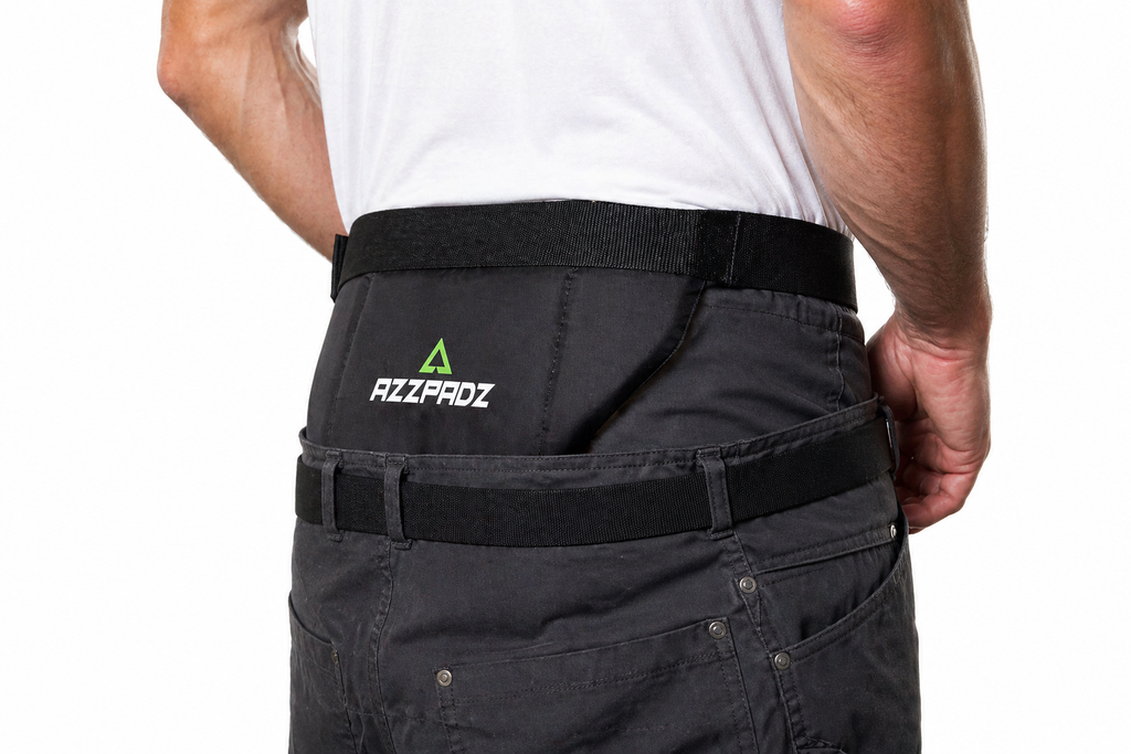 Person wearing black pants with a visible brand logo on a white background