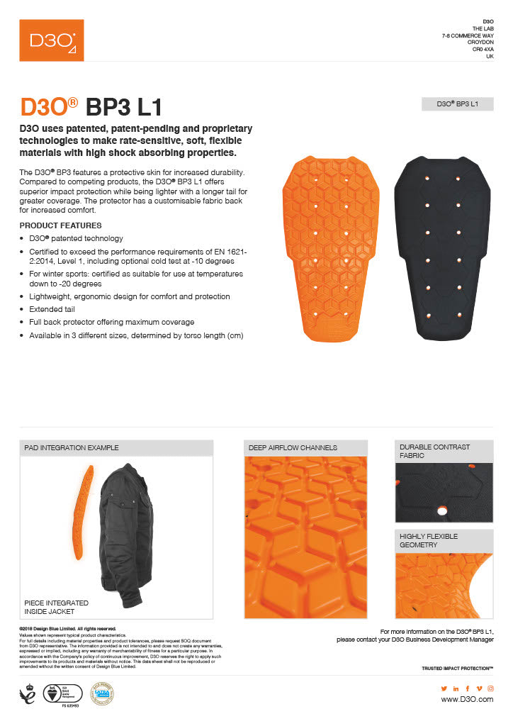 Demon United Spine Guard X D3O® EN 1621-2 BP3 Certified. Slim Profile.