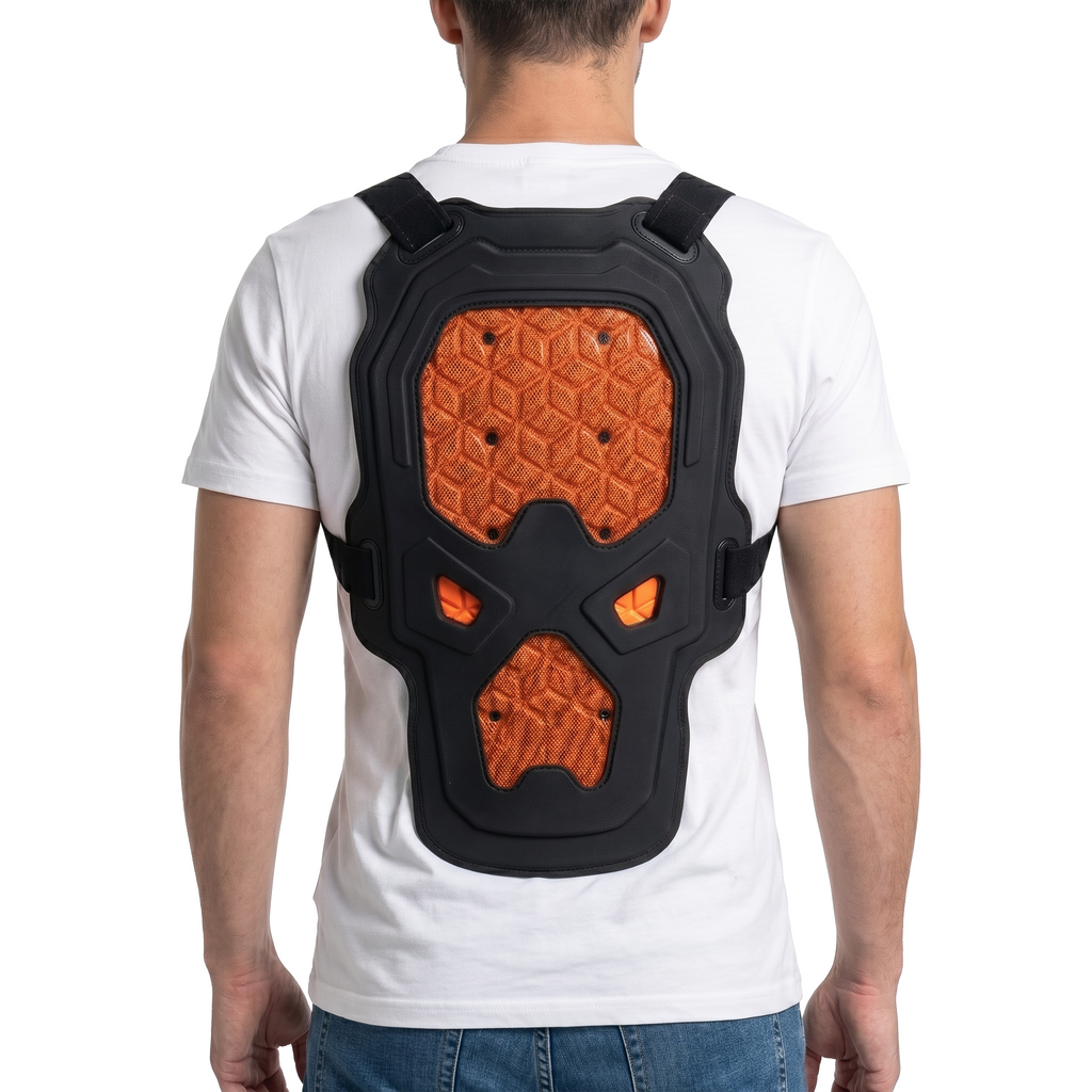 Person wearing a black and orange back protector on a white background