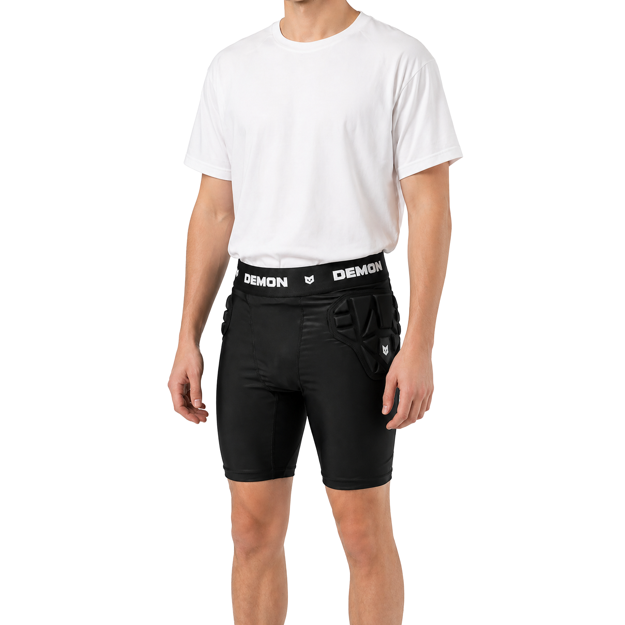 Person wearing black shorts with a visible brand logo on a white background