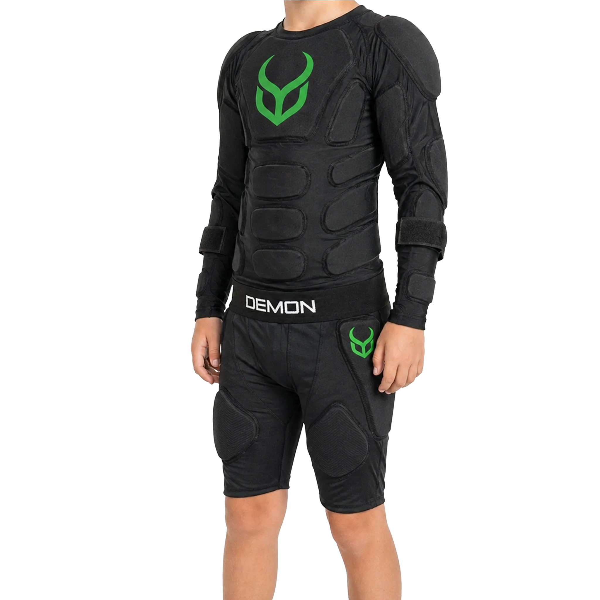 Black protective sports outfit with green logo on a white background