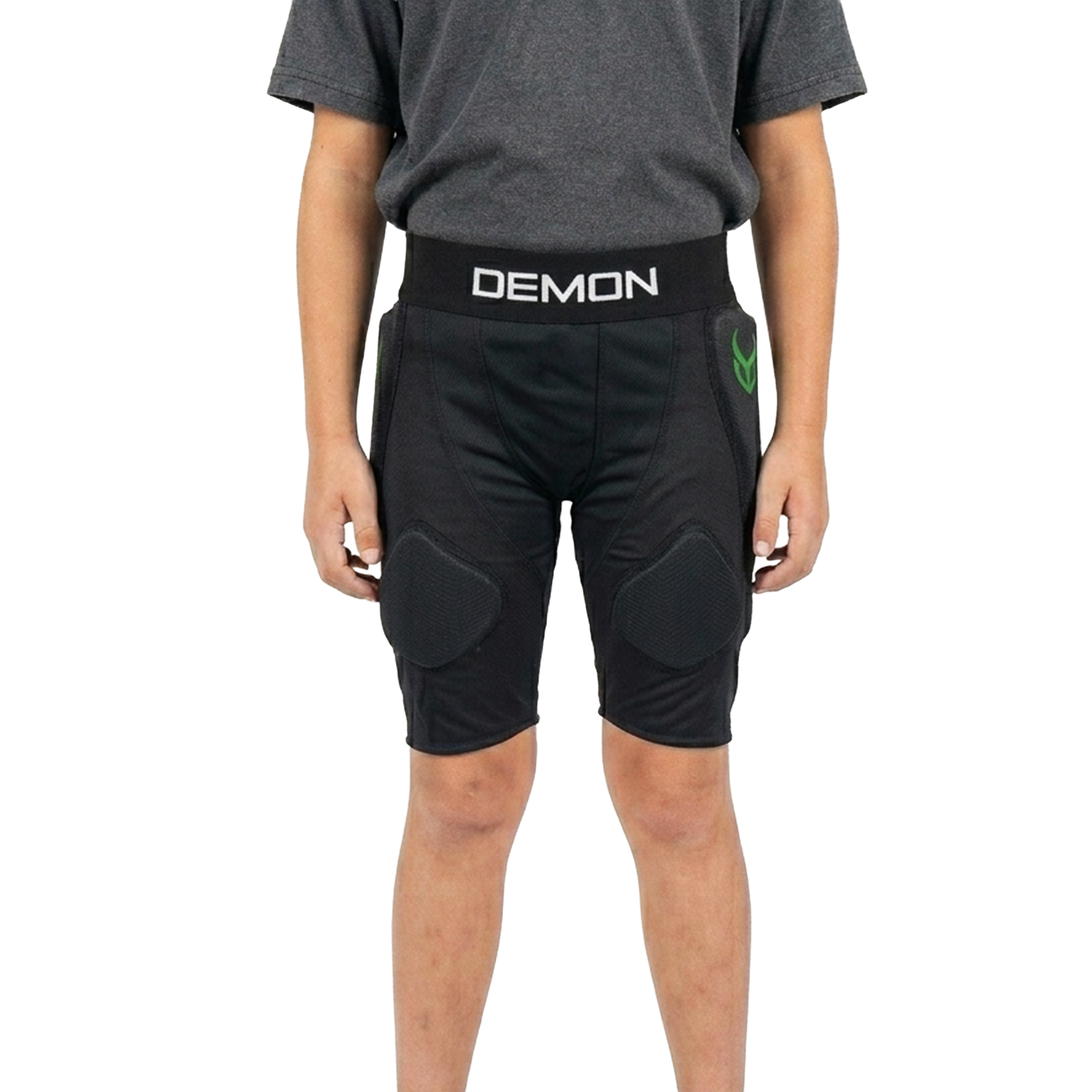 Person wearing black护膝短裤 with 'Demon' branding on a white background