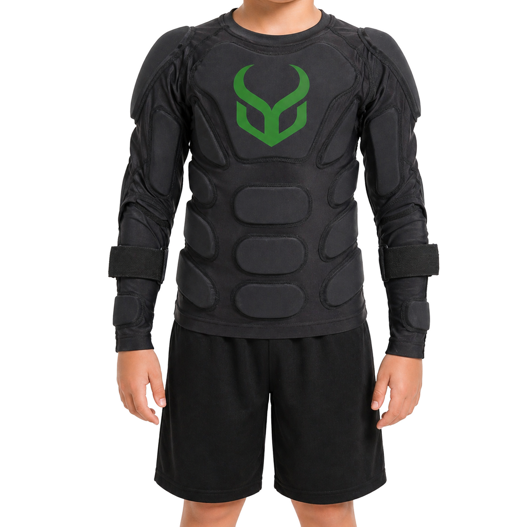 Black protective sports outfit with green logo on a white background