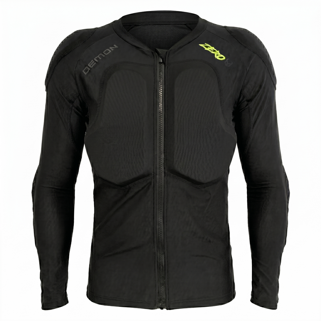 Black protective jacket with brand logos on a white background