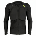 Black protective jacket with brand logos on a white background