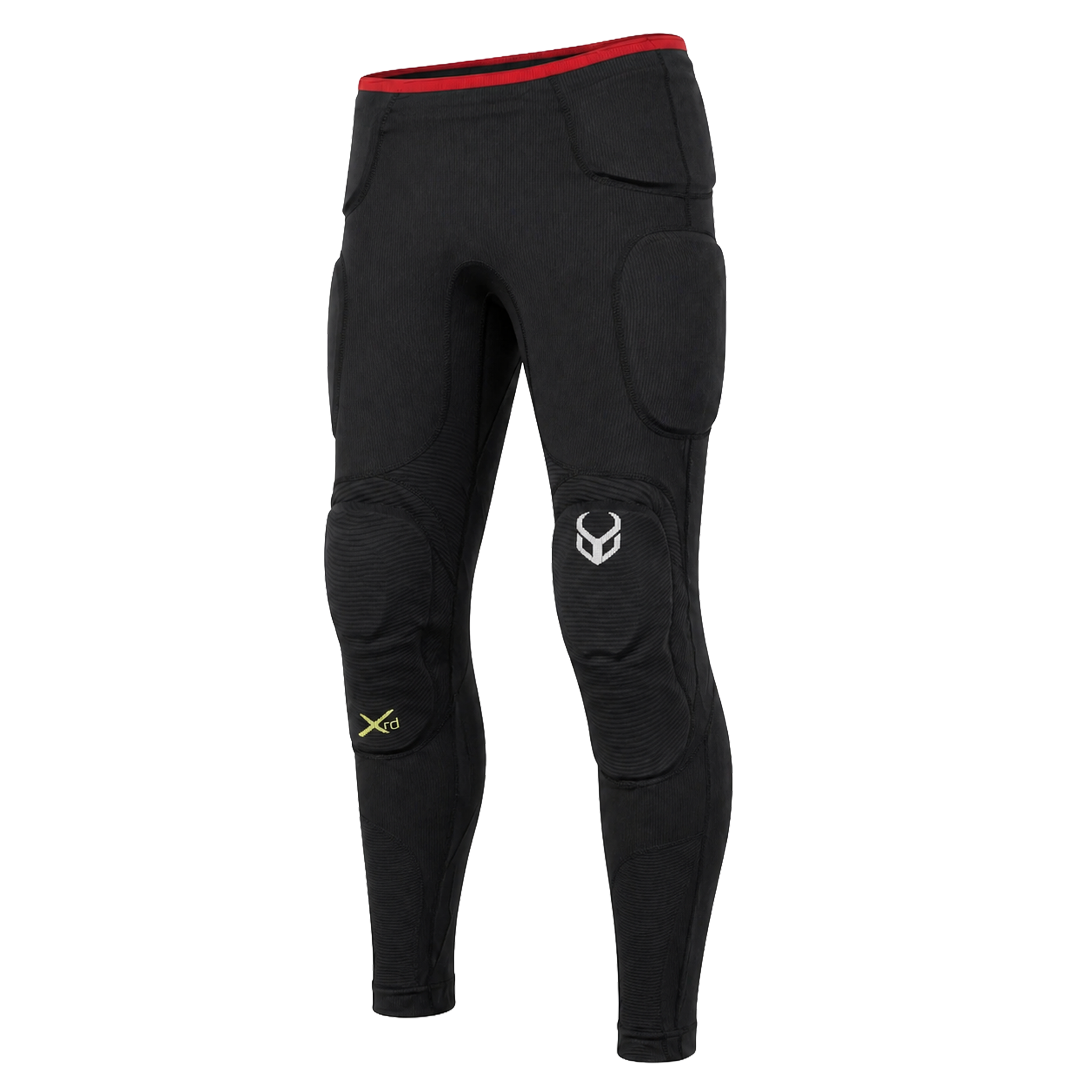 Black protective pants with red lining on a white background