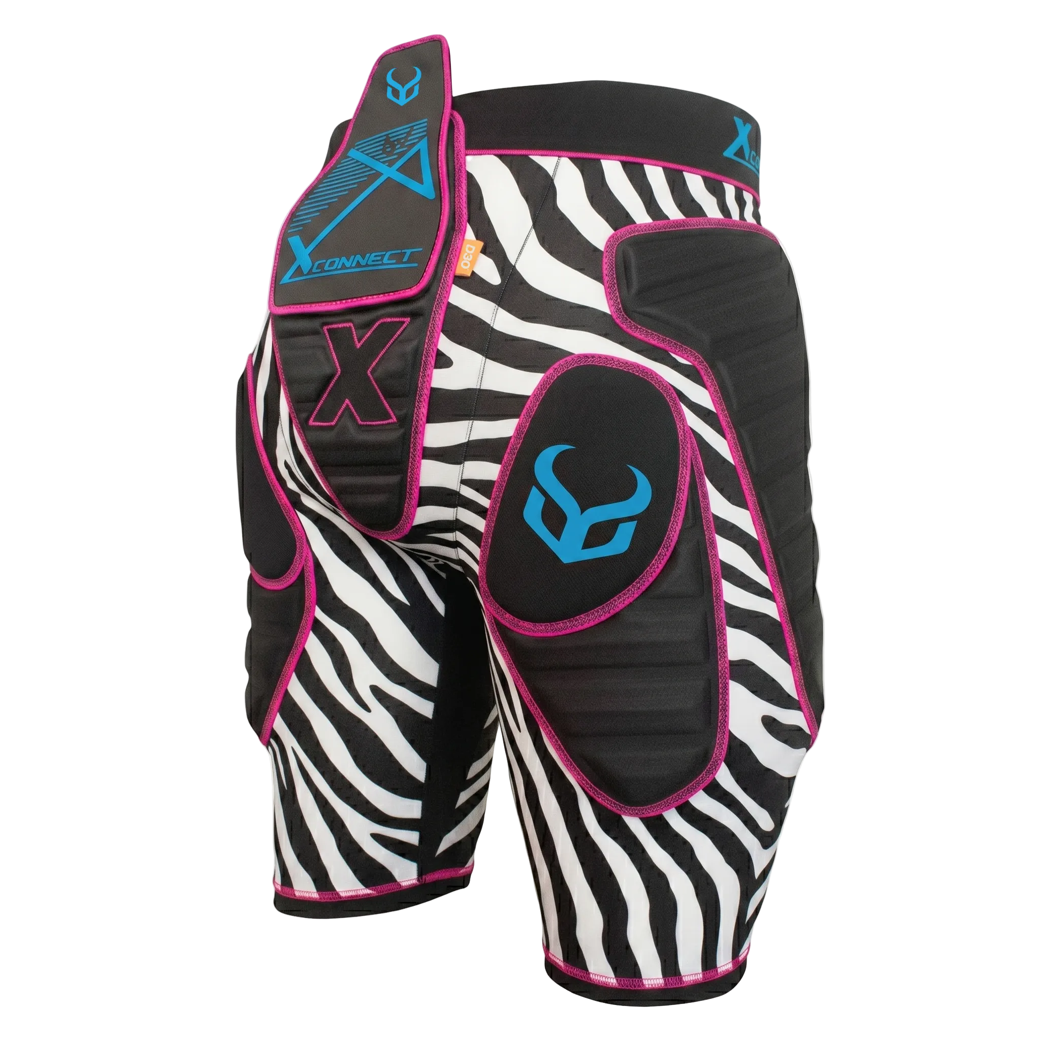 Zebra-patterned protective shorts with X-Bionic branding on a white background