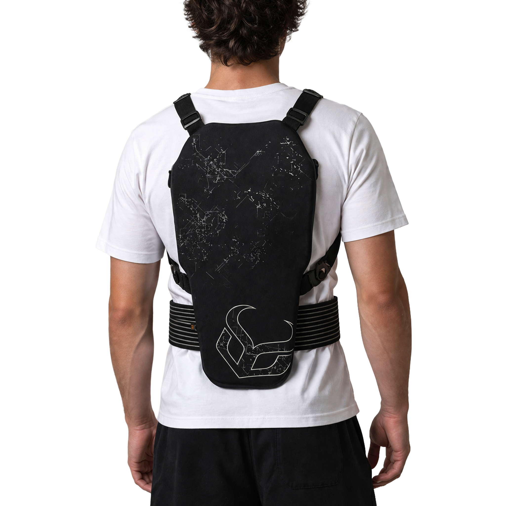 Person wearing a black back brace with visible branding on a white background