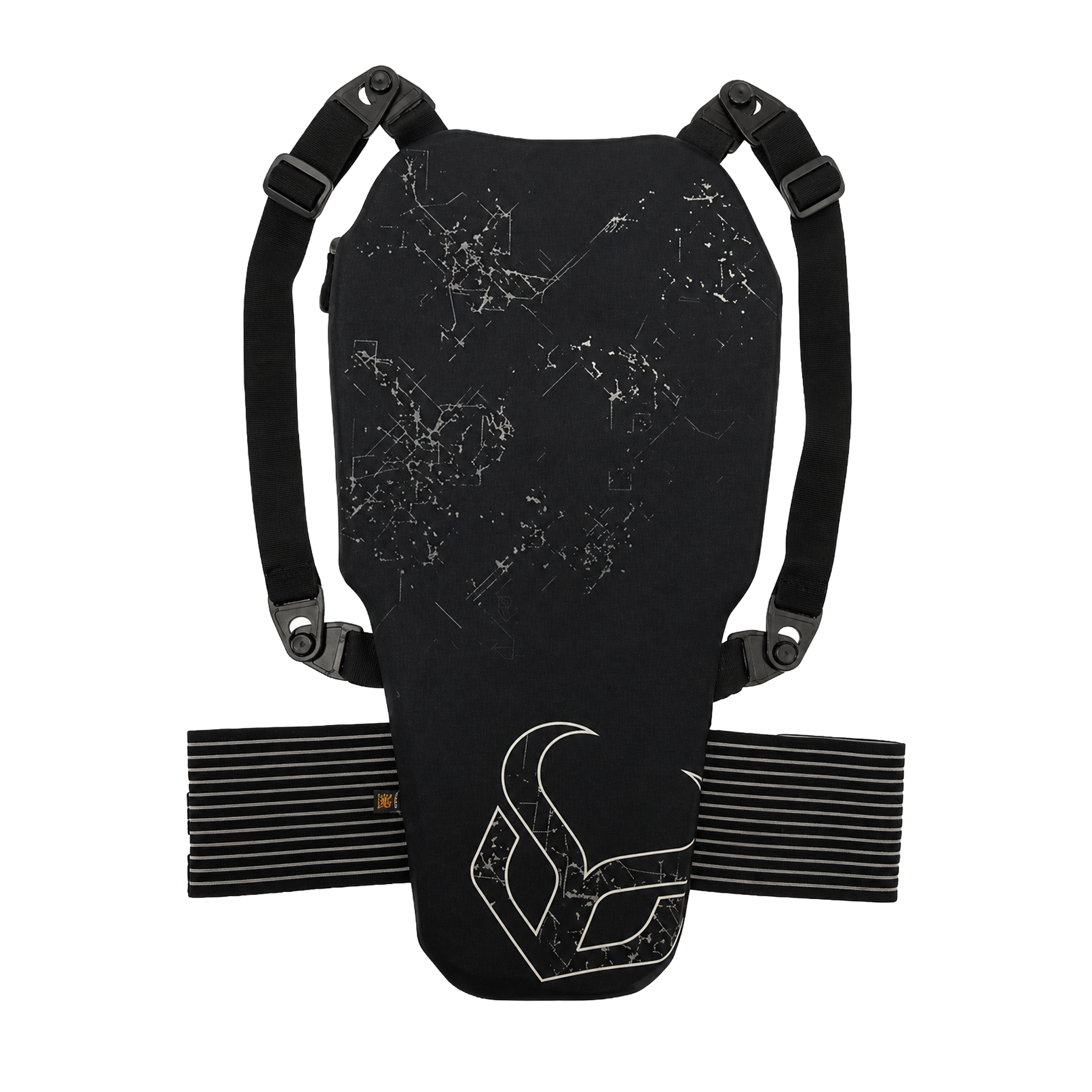 Black archery chest protector with shoulder straps on a white background