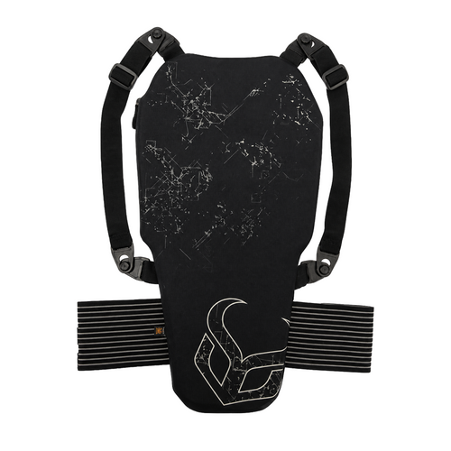 Black archery chest protector with shoulder straps on a white background