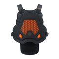 Black protective vest with orange accents on a white background