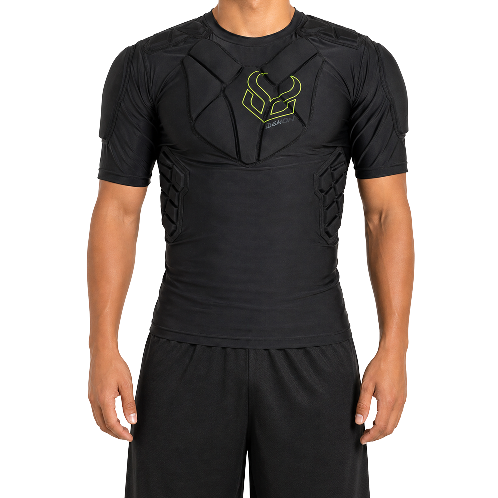 Black protective athletic shirt with shoulder pads on a white background