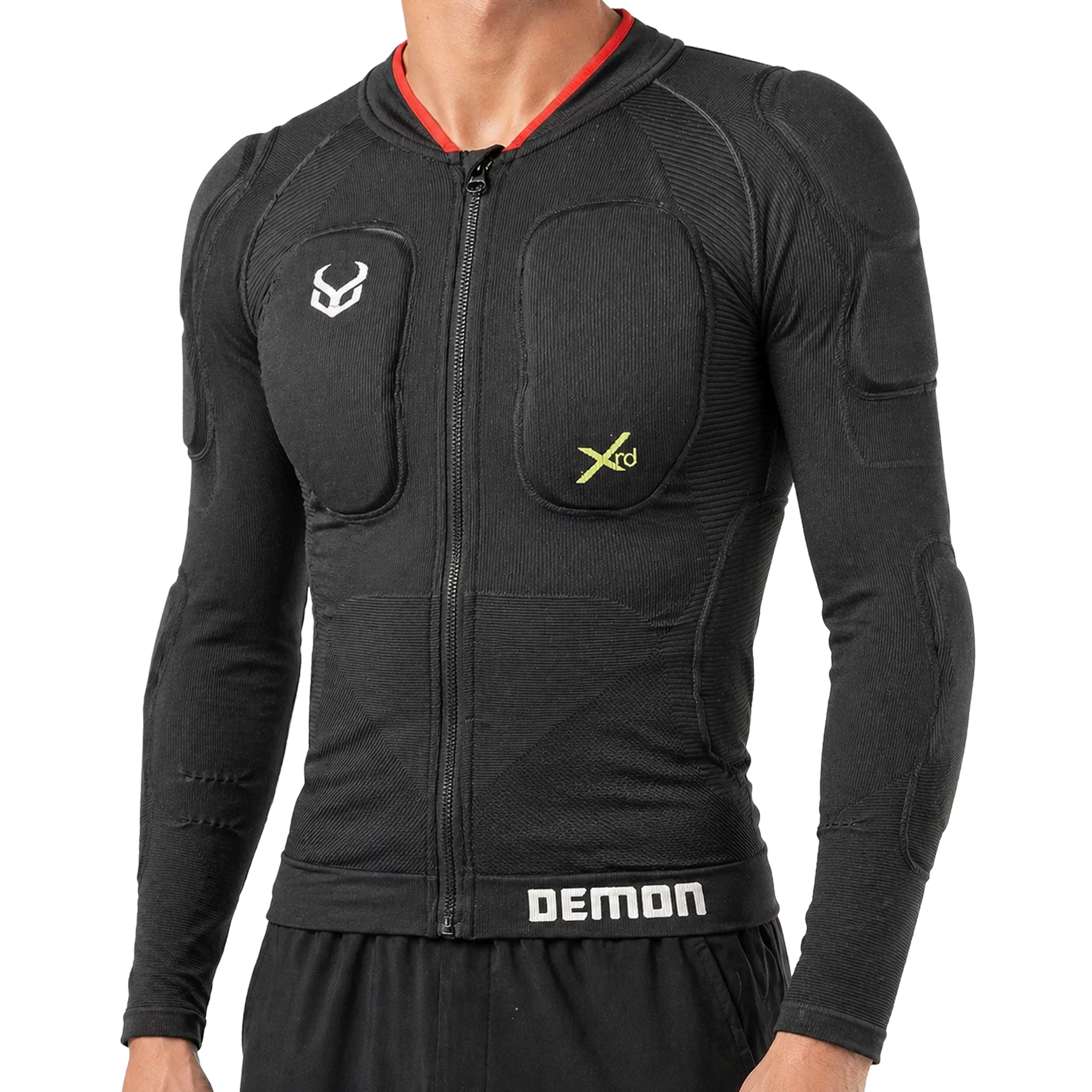 Black protective jacket with visible branding on a white background