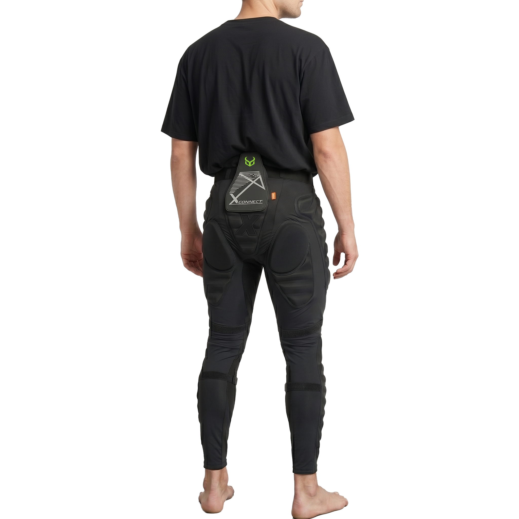 Person wearing black pants with a visible brand logo on a white background