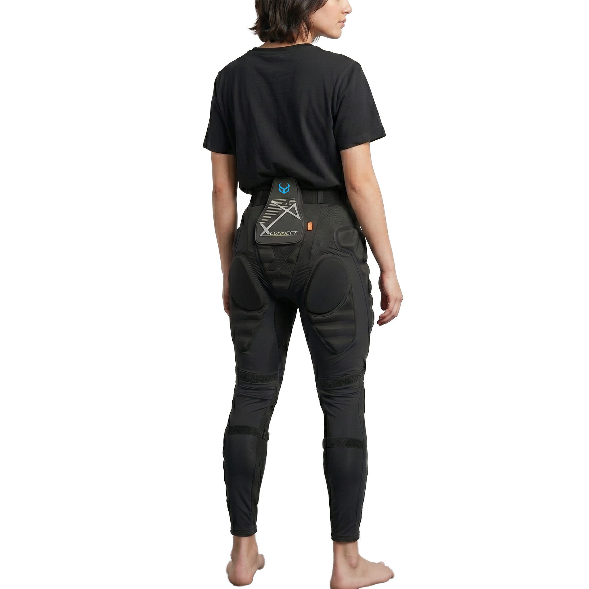 Person wearing black tactical pants with visible branding on a white background