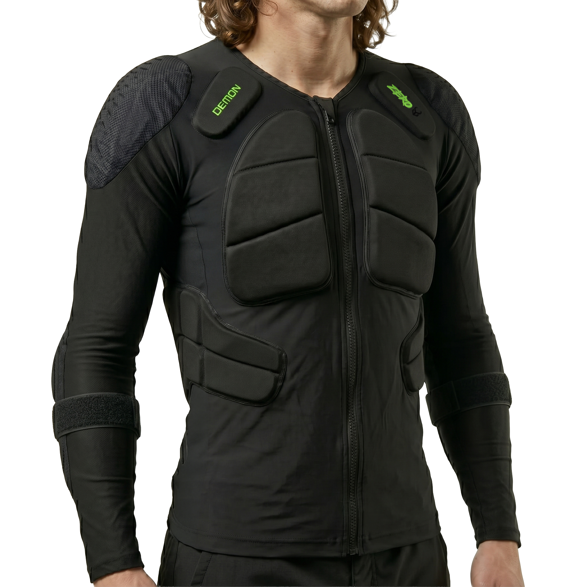 Black protective jacket with padding on a white background