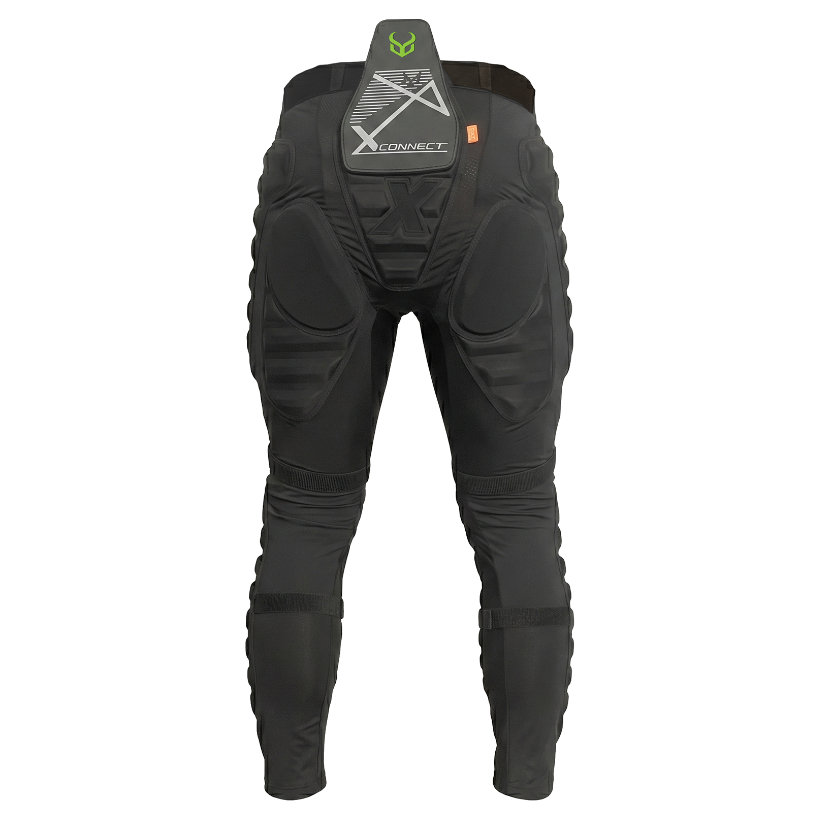 Black protective pants with padding on a white background