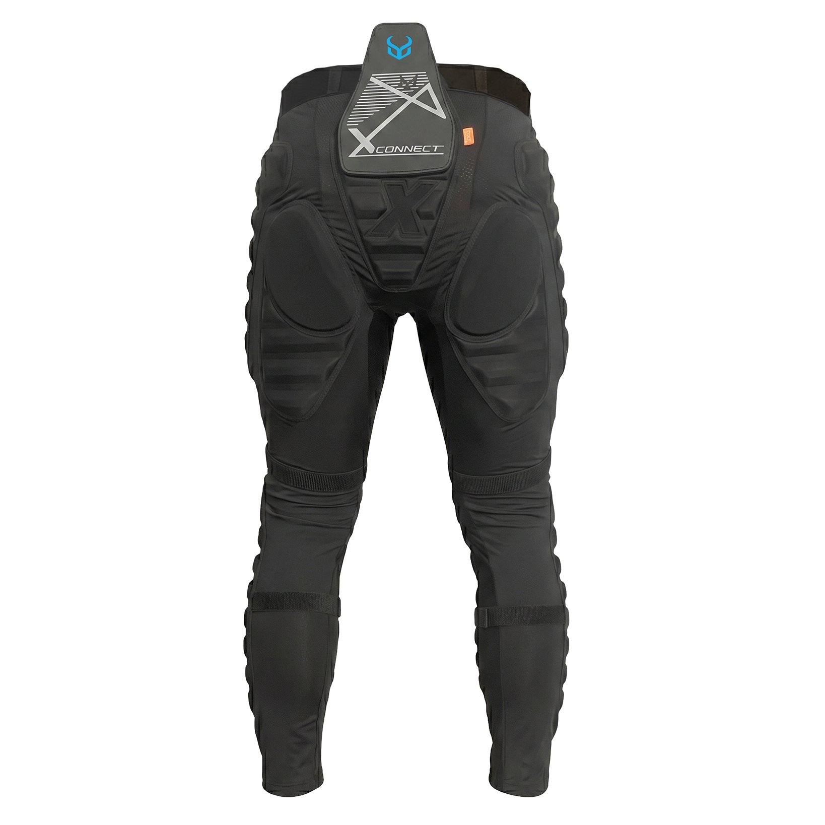Black protective pants with padding on a white background