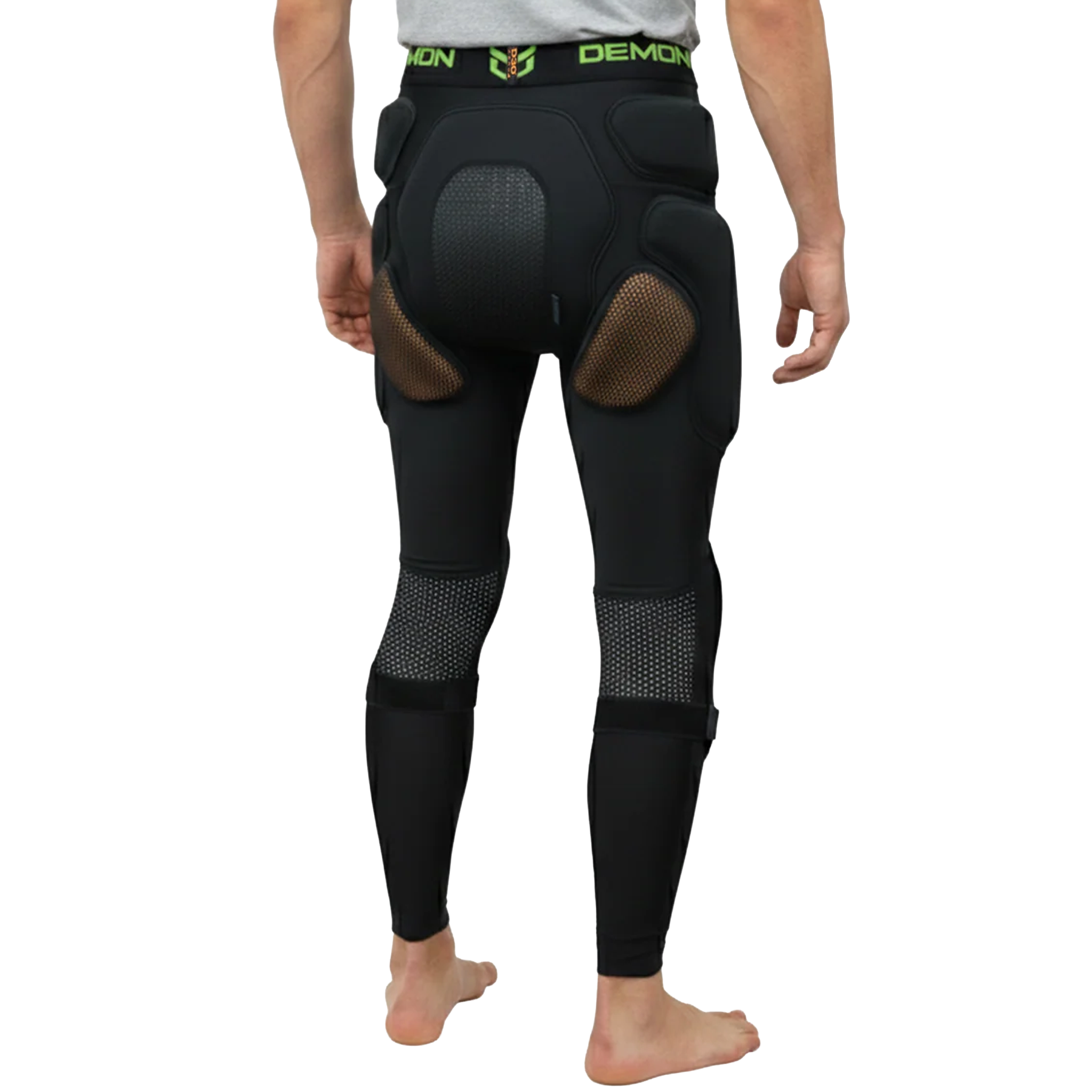 Black protective pants with knee pads on a white background