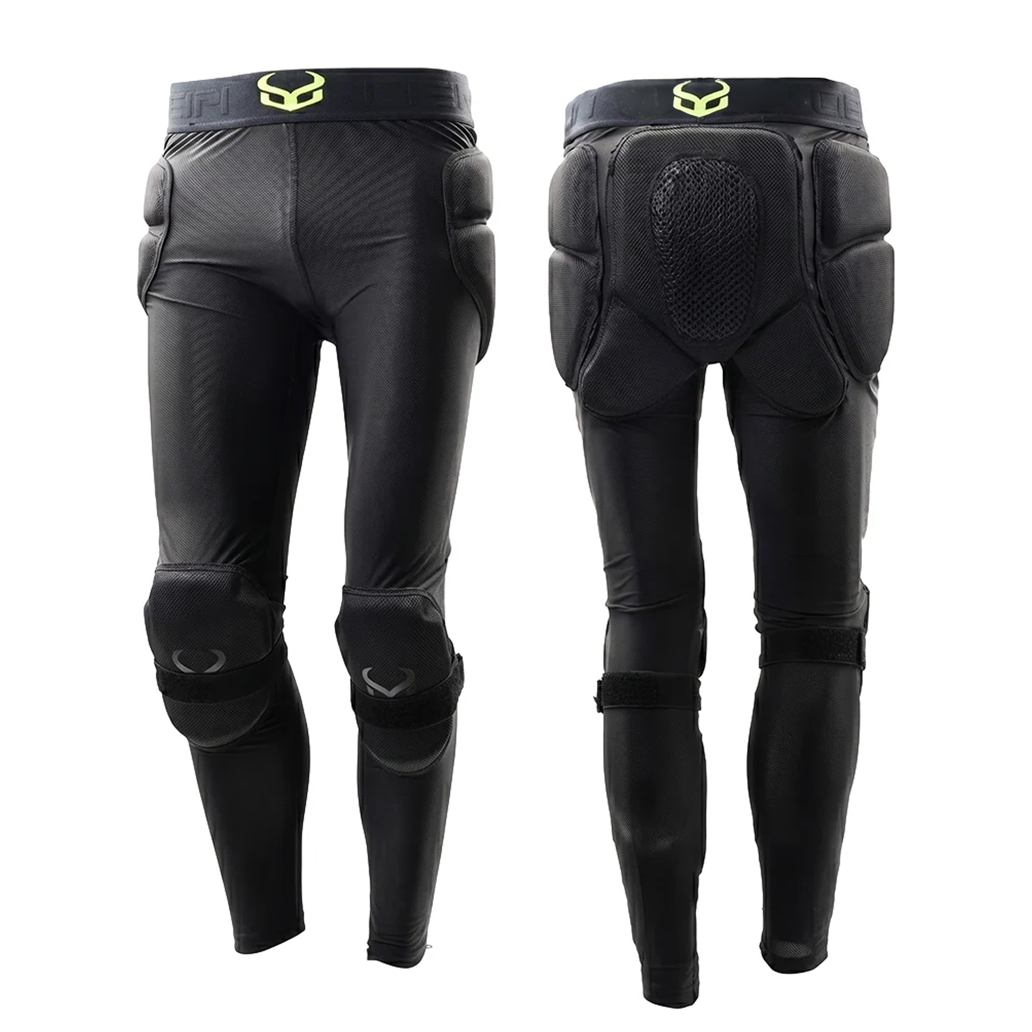 Black protective pants with knee and hip padding on a white background