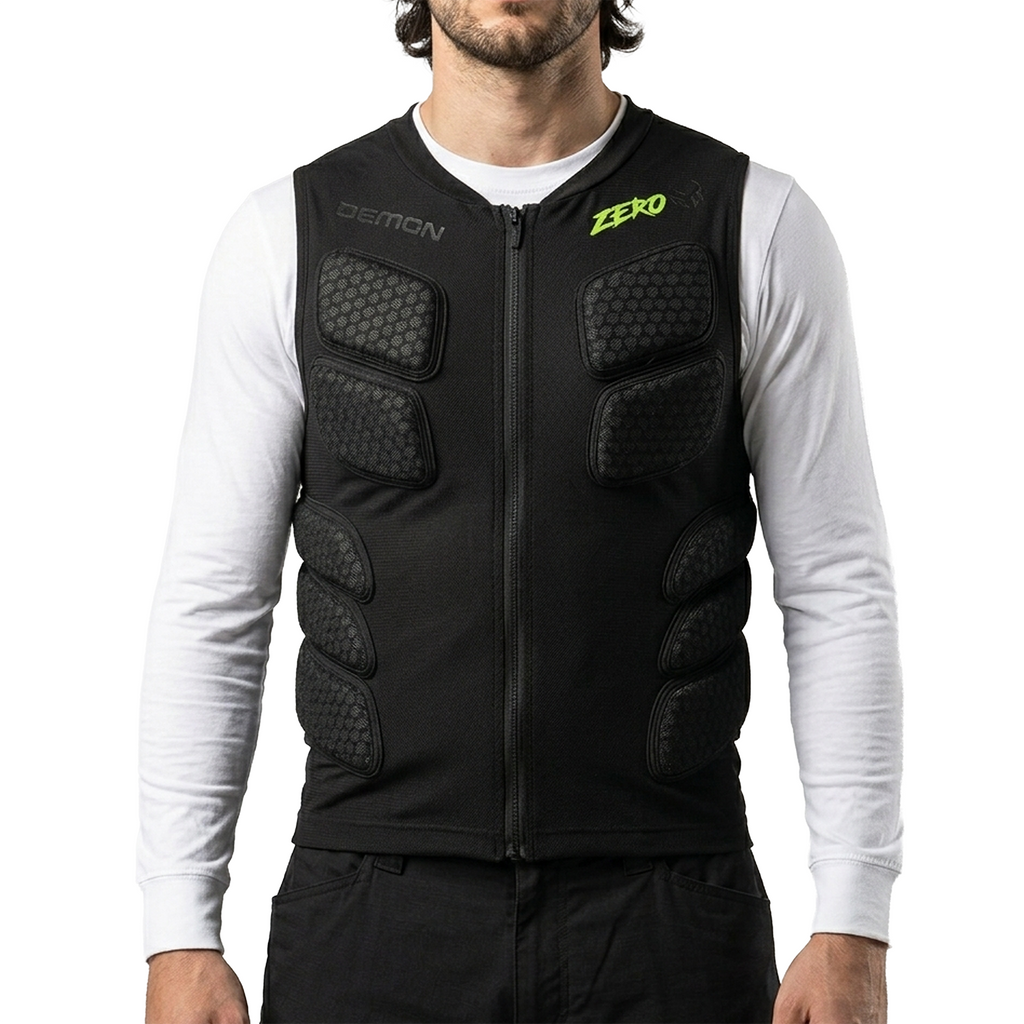 Person wearing a black protective vest with 'Demon' branding on a white background