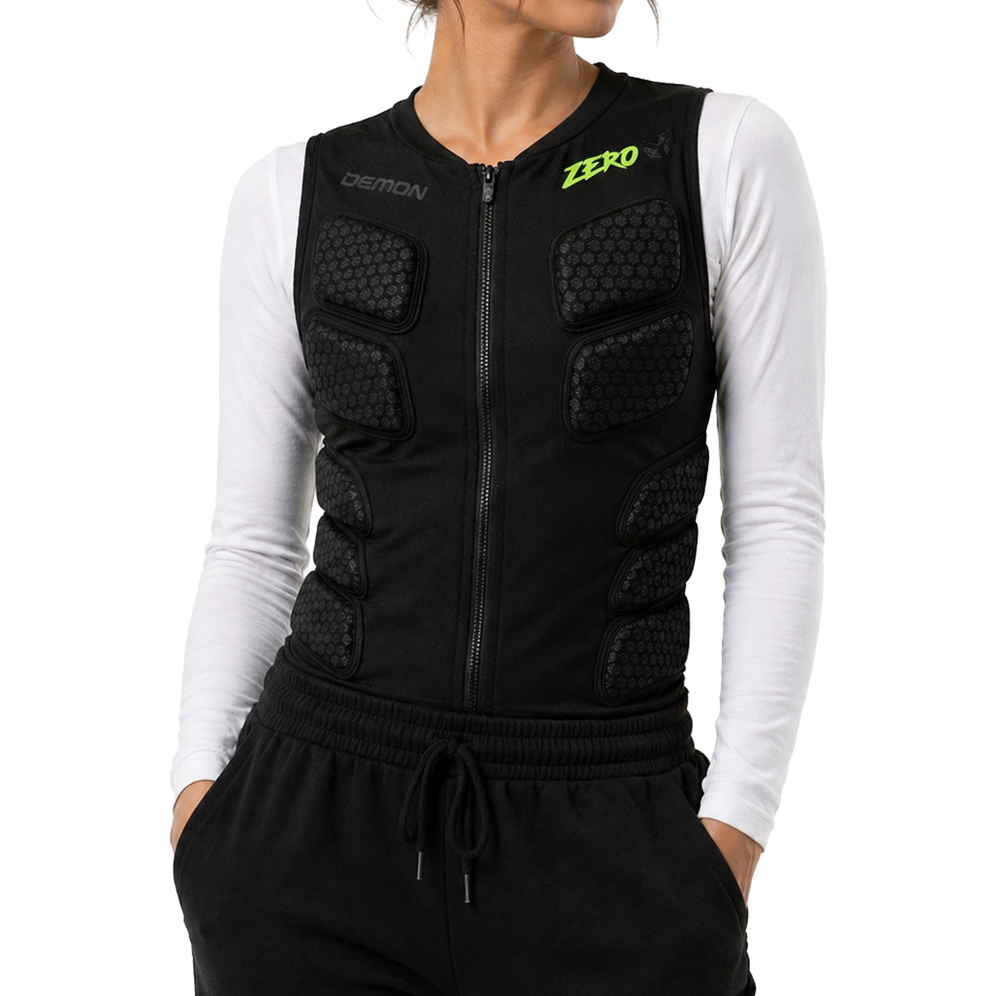 Person wearing a black protective vest with 'Demon' branding on a white background
