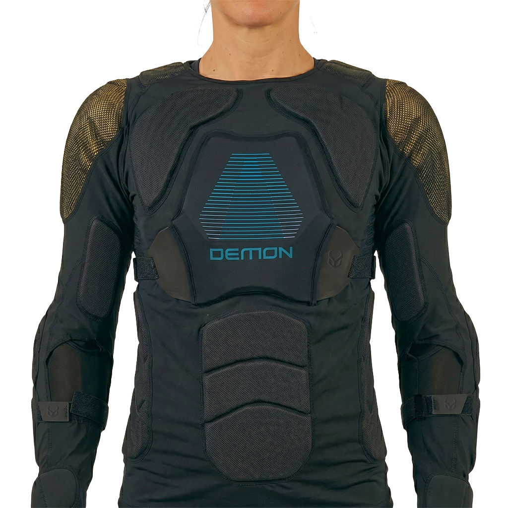 Black body armor with 'Demon' branding on a white background