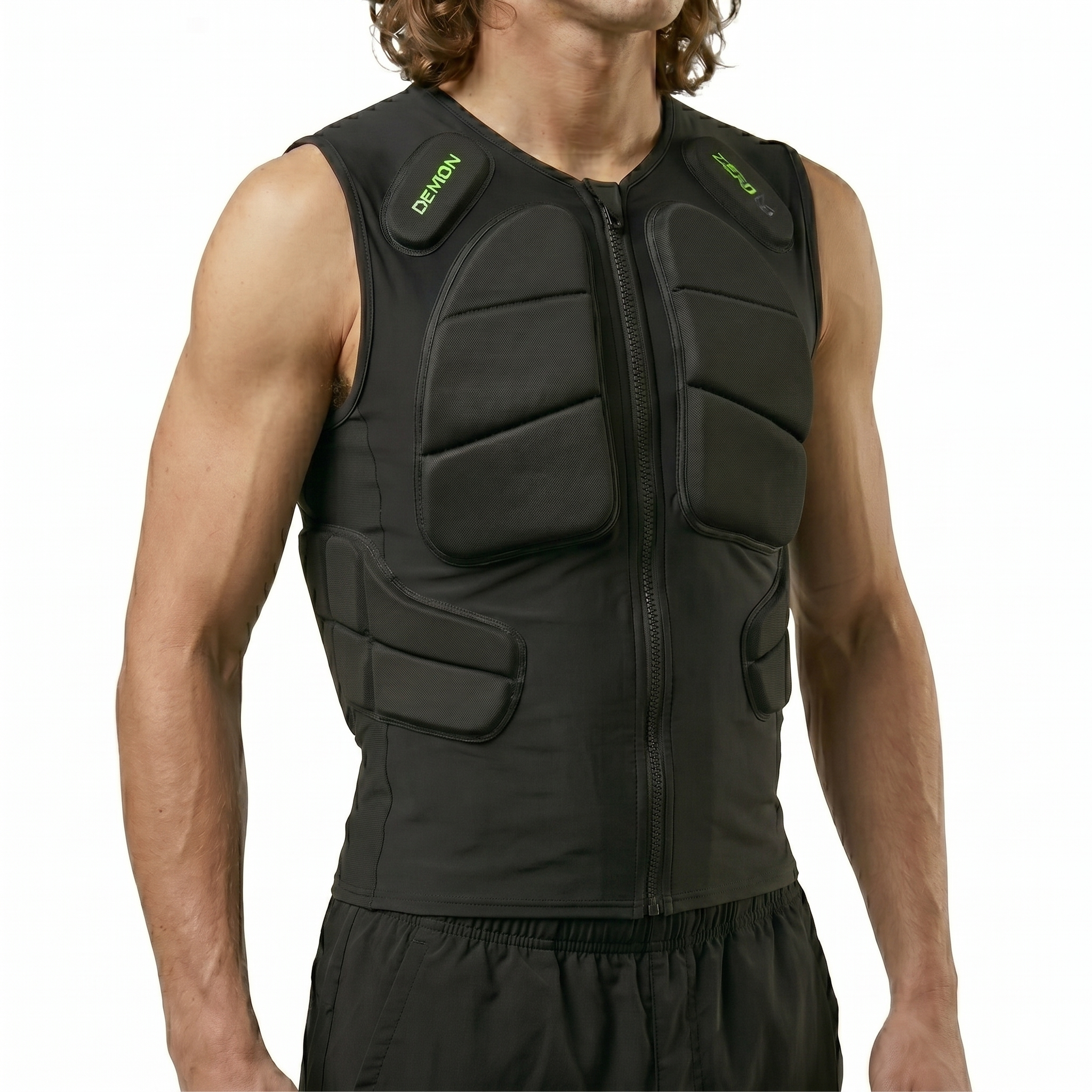 Person wearing a black protective vest with visible branding on a white background