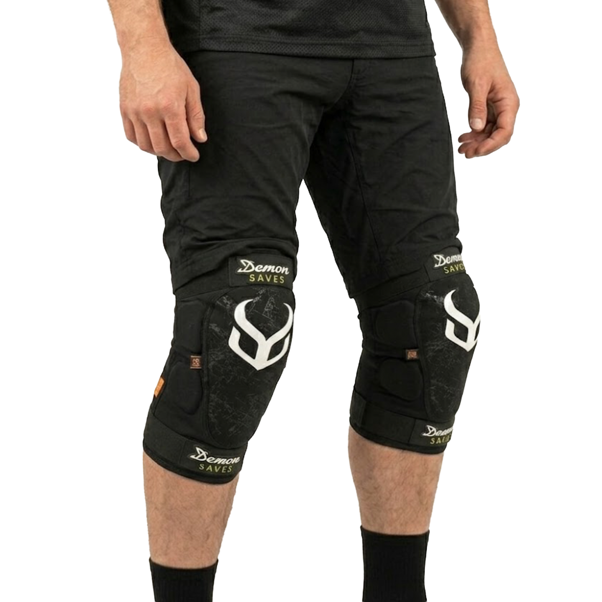 Black knee pads with branding on a white background