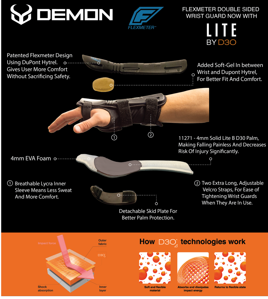 Demon Flexmeter Double Sided Wrist Guards -Integrated with D3O Impact Technology-Sold as Pair NO ORIGINAL PACKAGING/TAGS