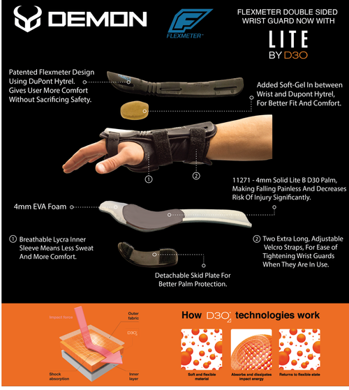 Demon Flexmeter Double Sided Wrist Guards -Integrated with D3O Impact Technology-Sold as Pair NO ORIGINAL PACKAGING/TAGS