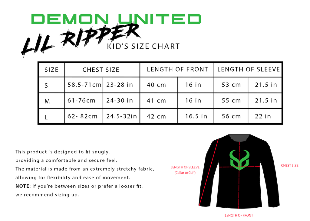 Size chart for 'Lil Ripper' kids' clothing by Demon United with product image and measurements.