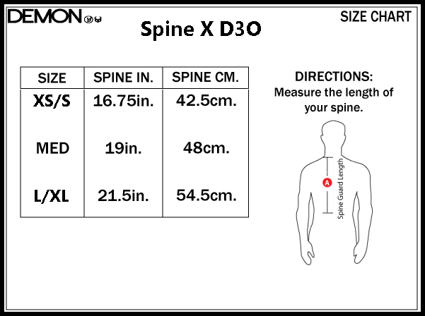 Size chart for Demon Spine X D3O with measurements in inches and centimeters.