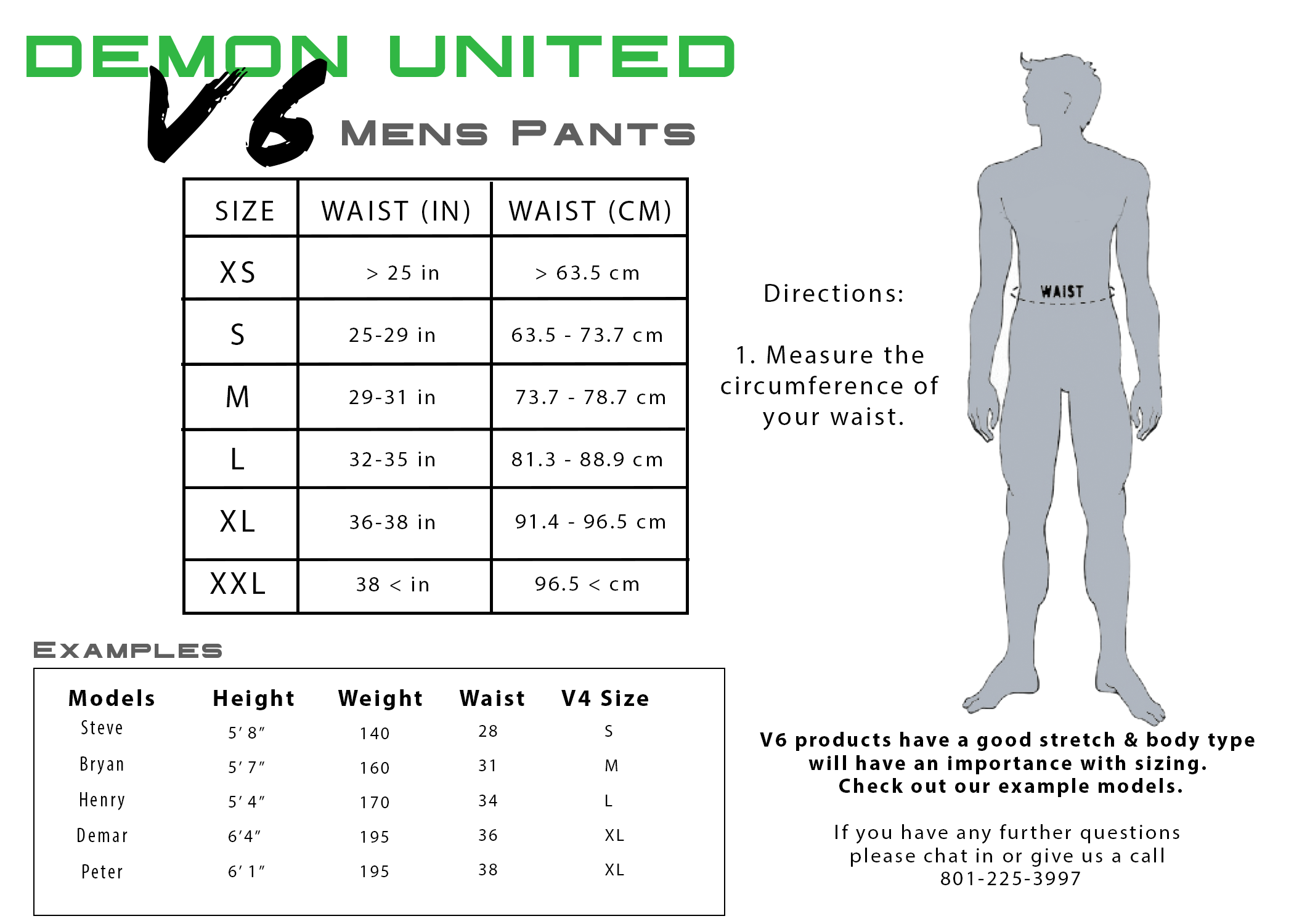 Size chart for Demon United V6 Mens Pants with waist measurement guide and example models.