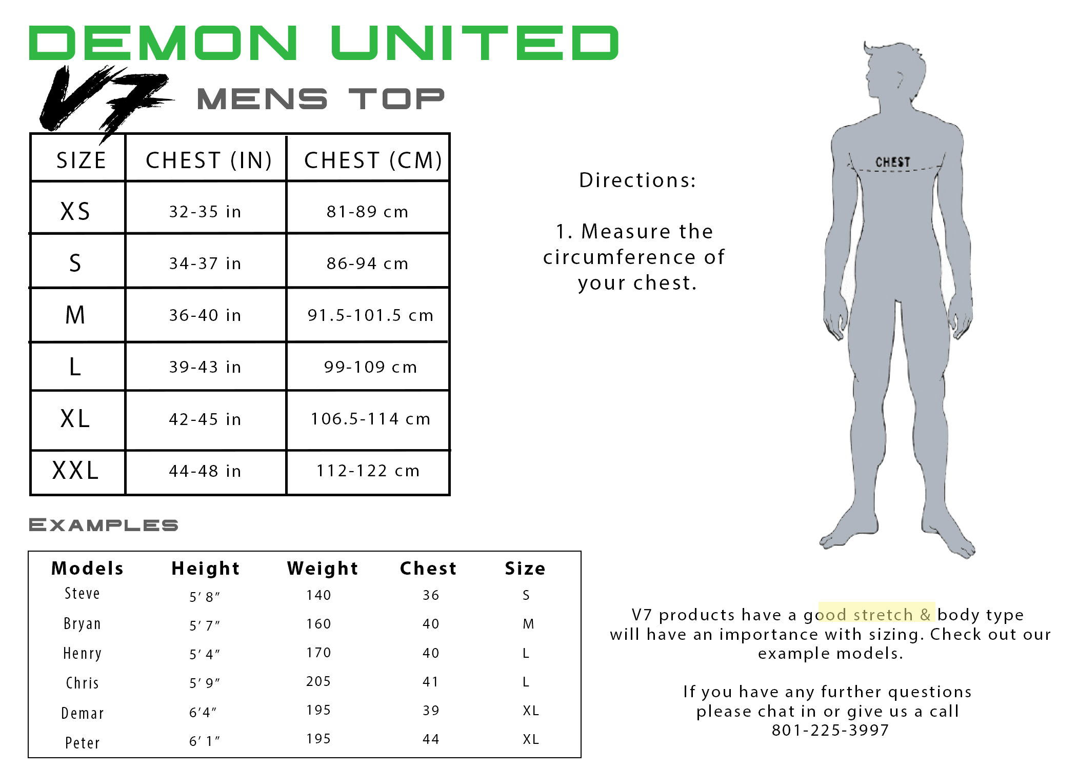 Size chart for men's tops with measurements and directions on how to use it.
