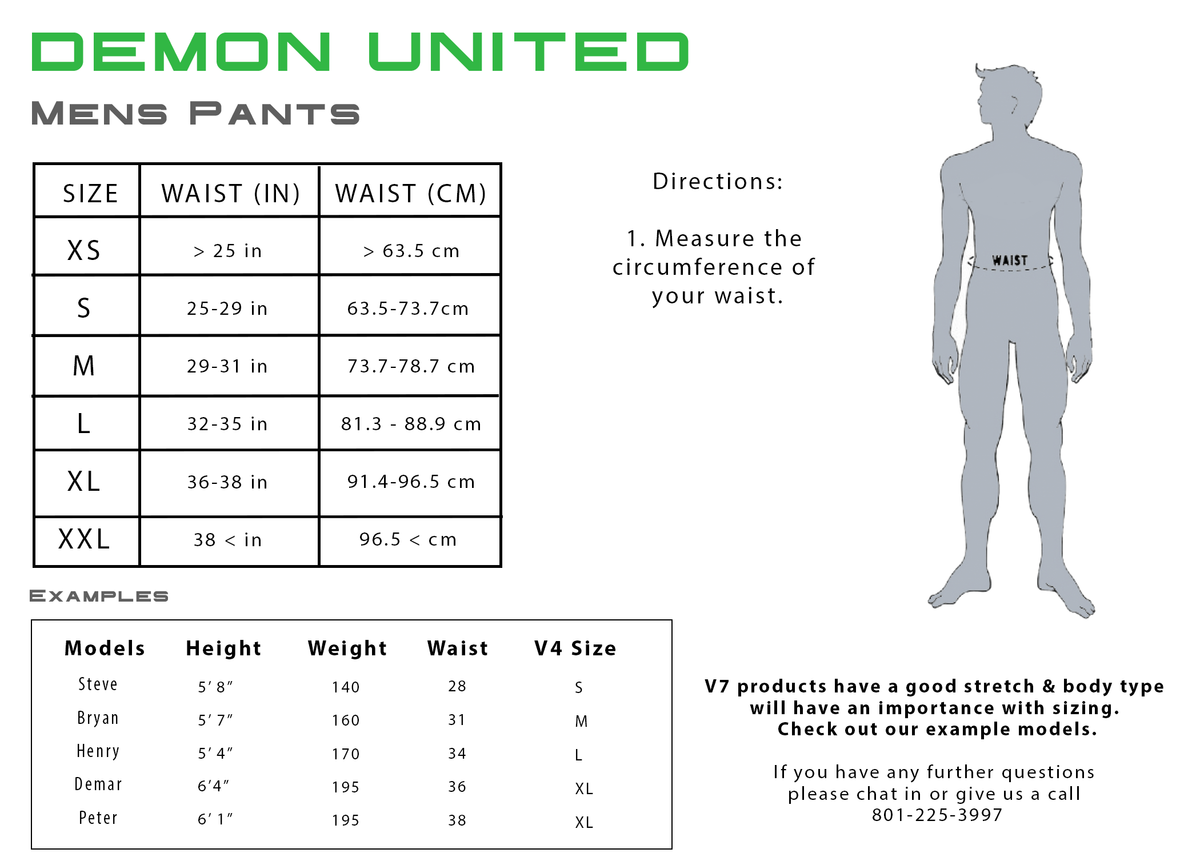 Size chart for Demon United men's pants with waist measurement guide and examples.