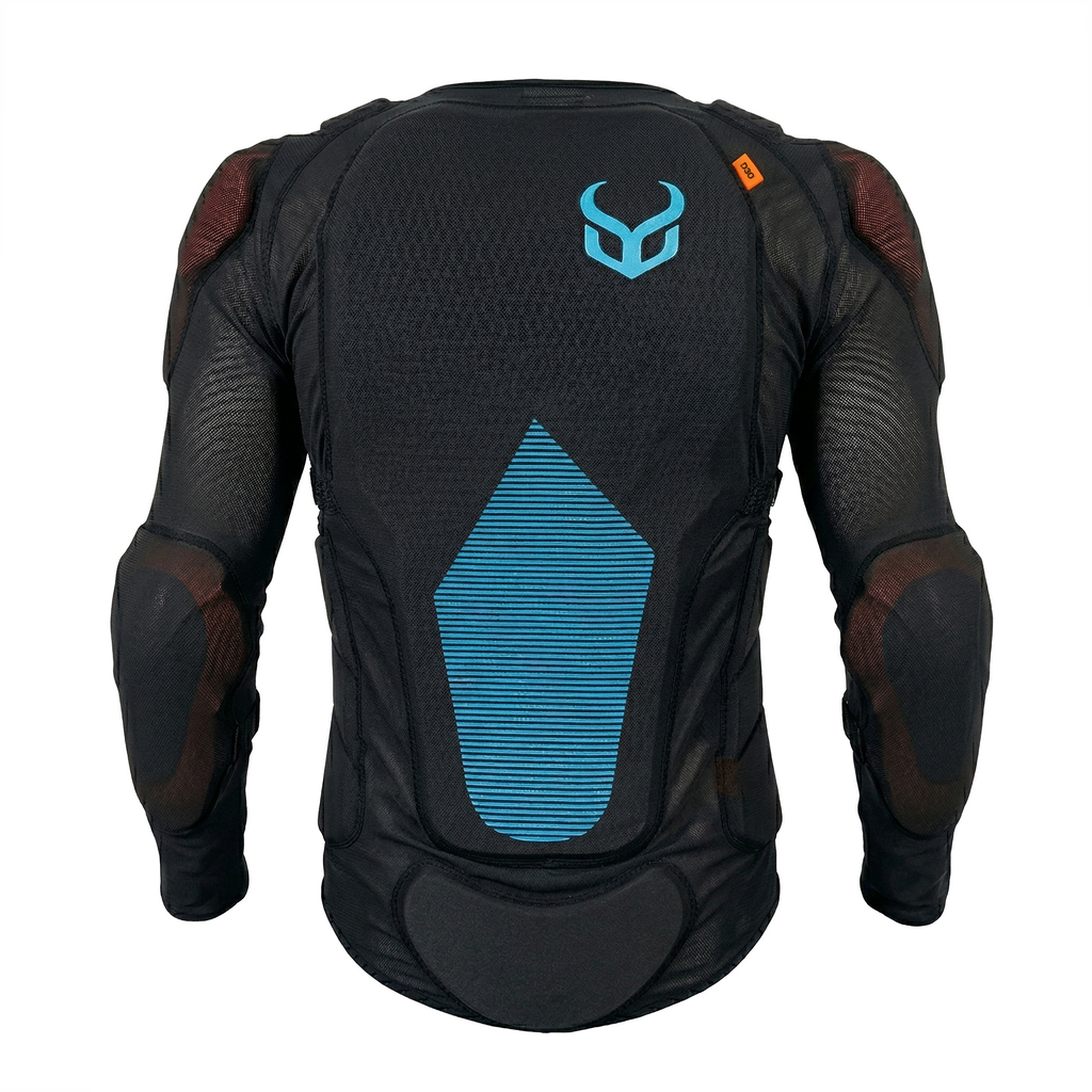 Black protective jacket with blue accents and a brand logo on a white background