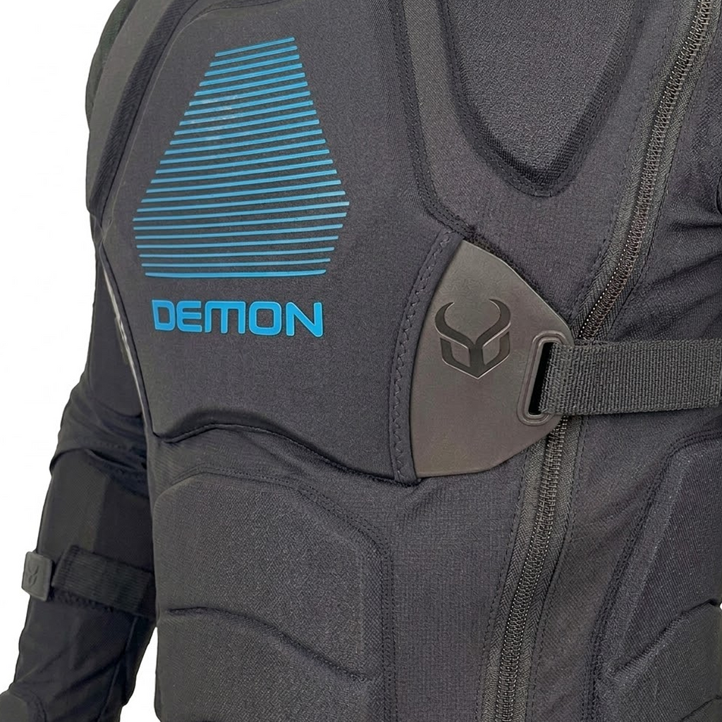 Gray protective jacket with blue 'Demon' logo on a white background