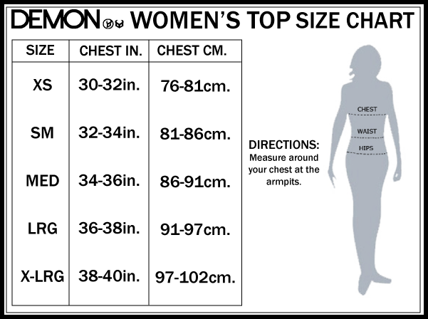 Size chart for Demon United women's top size chart with a silhouette and measurement details.