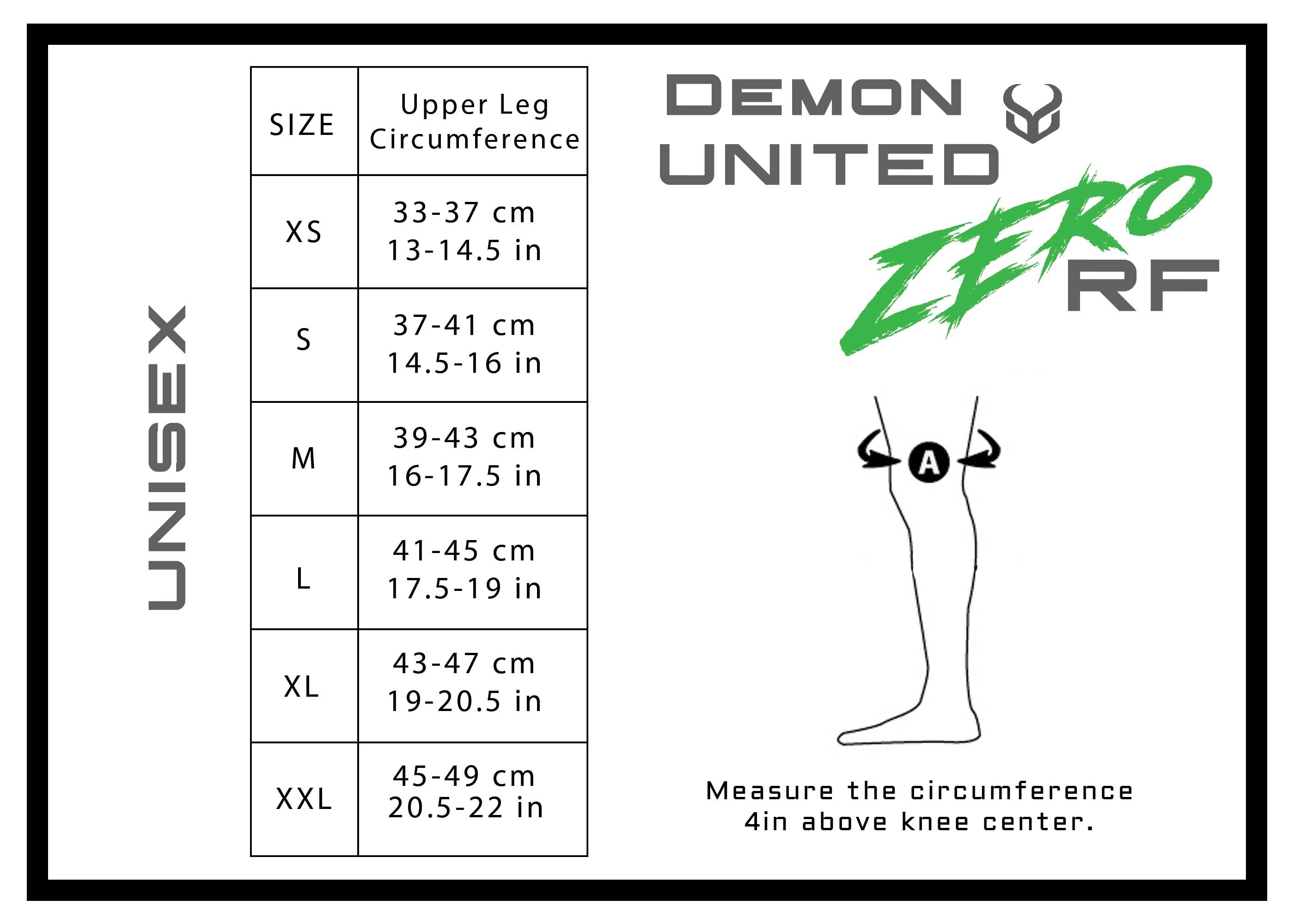 Measurement chart for Demon United Zero RF socks with size guide and diagram.