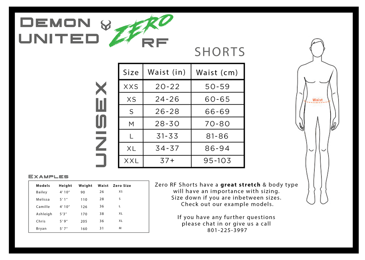 Size chart for Demon United Zero RF shorts with a mannequin illustration and measurement details.